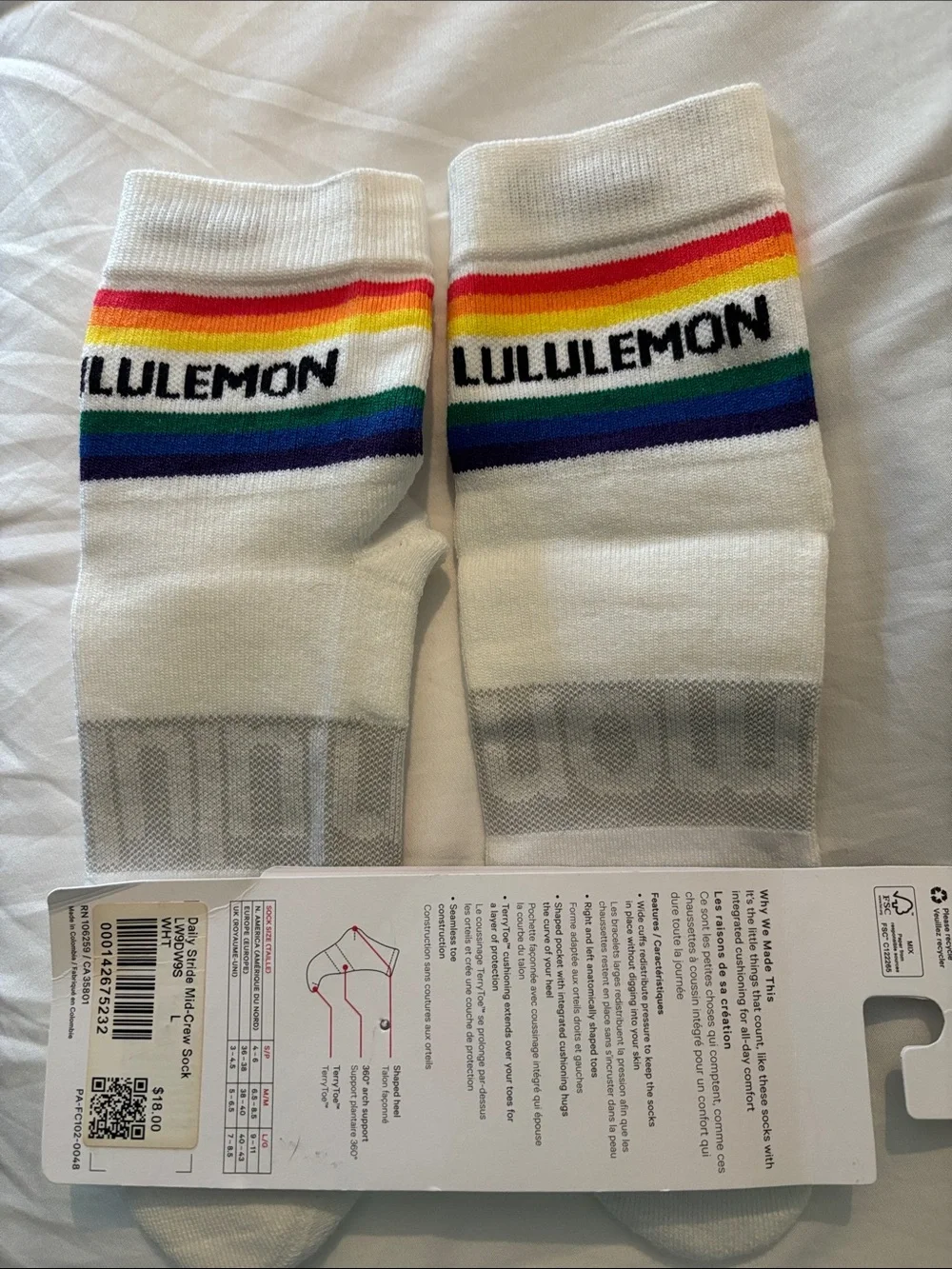 Lululemon Daily Stride Mid Crew Sock Rainbow & White Large NWT